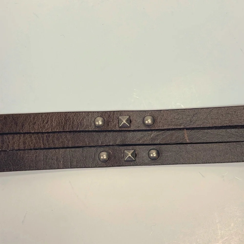 Vintage Genuine Leather Studded Belt Womens L Brown Silver Buckle Boho Western